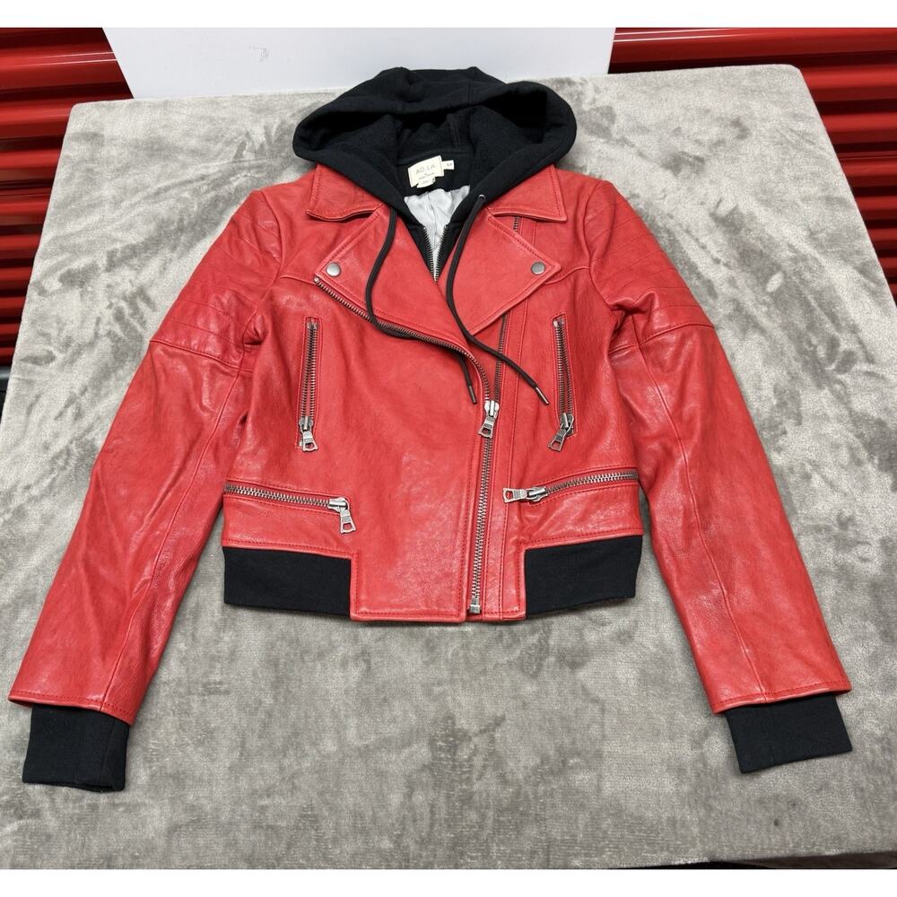 Alice + Olivia Avril Red Lamb Leather Hooded Moto Jacket Small S $995 - Picture 3 of 12